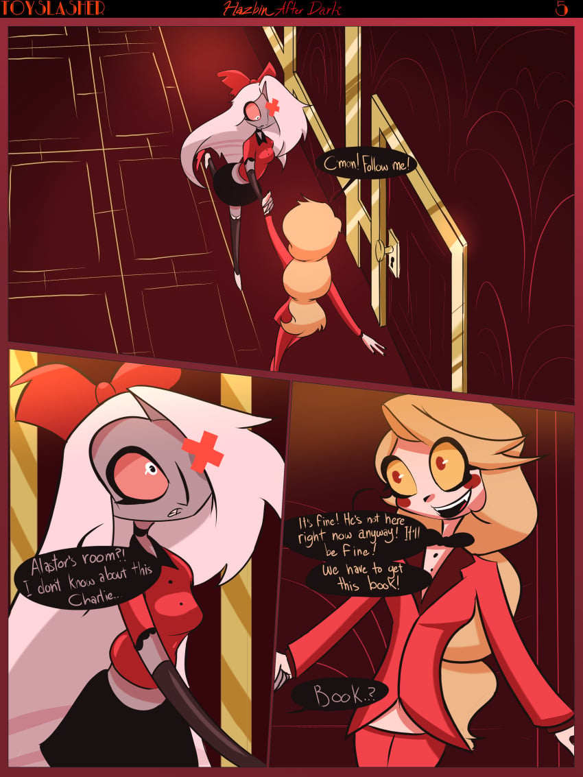 2girls blonde_female blonde_hair canon_couple charlie_morningstar_(hazbin_hotel) clothed_female dragging hazbin_hotel holding_hands hotel hotel_room long_hair long_hair_female page_5 page_number toyslasher vaggie_(hazbin_hotel) white_hair white_hair_female yuri