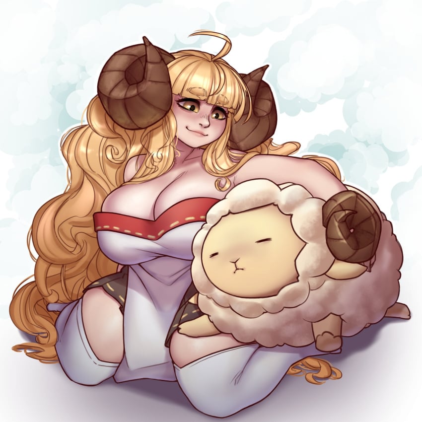 1girls 2024 ahoge anila_(granblue_fantasy) big_breasts big_horns blonde_hair cleavage clothed clothing curved_horns draph draph_race_(granblue_fantasy) female female_only granblue_fantasy hi_res horns imaginaricide kneeling long_hair plushie shortstack smile solo very_long_hair weaponized_thickness yellow_eyes