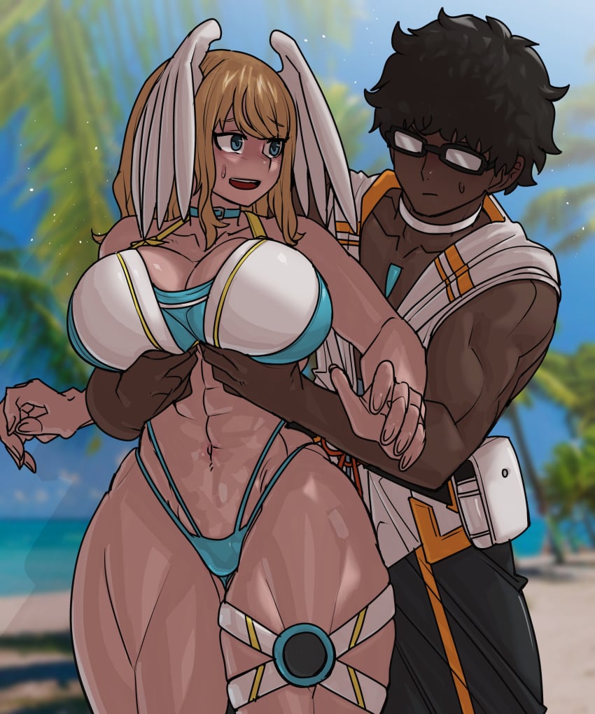 1boy 1girls beach bikini blonde_hair blue_eyes breast_grab brown_hair canon_couple choker core_crystal dark-skinned_male dark_skin eunie_(xenoblade) female glasses head_wings large_breasts male muscular muscular_female muscular_male ocean shosho_oekaki sky sweat swimsuit taion_(xenoblade) tomboy water xenoblade_(series) xenoblade_chronicles_3