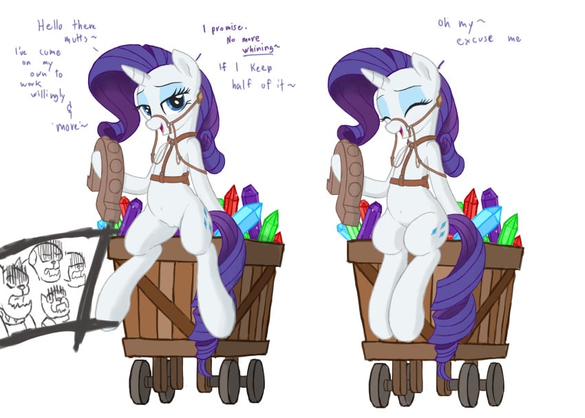 bedroom_eyes belly_button bridle cart closed_eyes dialogue diamond_dog_(mlp) female gem harness highres lemon_(artist) nudity open_mouth pony rarity_(mlp) reins smiling spread_legs teasing unicorn vulva