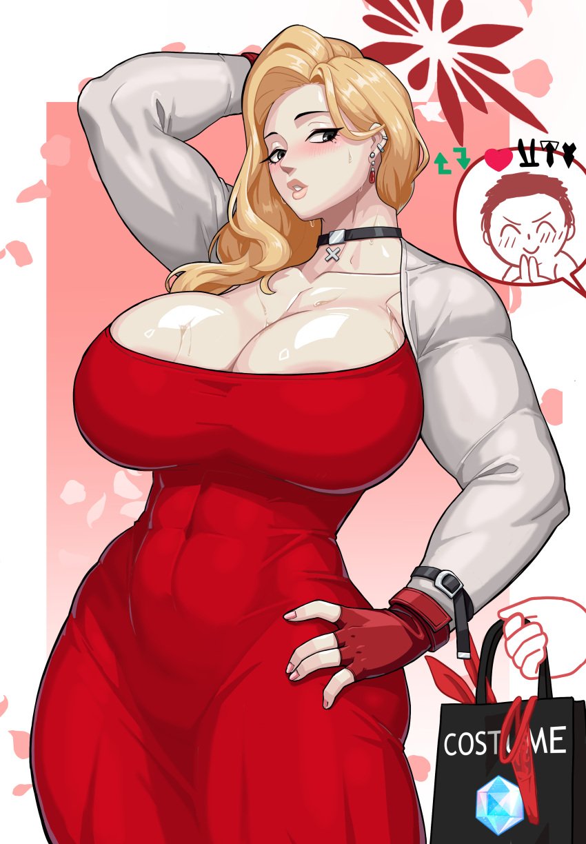 1boy 1girls abs akemi_(blue_archive) big_breasts blonde_hair blue_archive breasts busty choker cleavage curvaceous curvy curvy_body curvy_female curvy_figure doodle_sensei_(blue_archive) dress earrings f.b.w female fingerless_gloves gloves huge_breasts large_breasts mole mole_under_eye red_dress sensei_(blue_archive) voluptuous