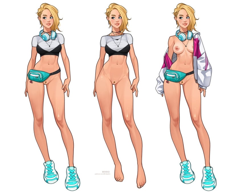 1girls blonde_hair eyebrow_piercing female female_only gwen_stacy gwen_stacy_(spider-verse) marvel marvel_comics minko olena_minko shaved_side solo spider-gwen spider-man:_across_the_spider-verse spider-man:_into_the_spider-verse spider-man_(series) superhero superhero_costume superheroine teenager