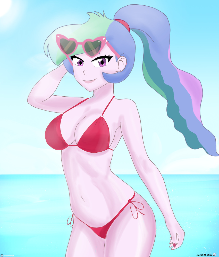 1girls armpits artist_name big_breasts bikini breasts cleavage deviantart_link equestria_girls female female_only friendship_is_magic hasbro hi_res highres large_breasts looking_at_viewer my_little_pony nail_polish ponytail princess_celestia_(mlp) principal_celestia red_bikini sarahthefox97 solo solo_female sunglasses swimsuit