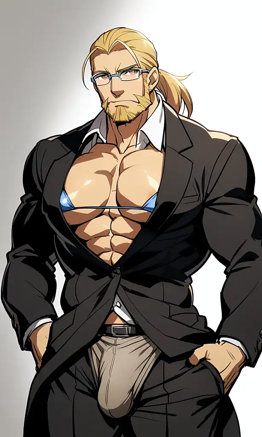 ai_generated bikini blonde_hair bulge fullmetal_alchemist glasses hohenheim male_only muscular_male underwear