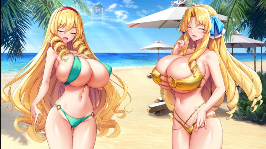 beach bikini blonde_hair green_bikini huge_breasts laurecia_le_blanchette makina_le_blanchette milk_factory mother_and_daughter motto!_haramase!_honoo_no_oppai_isekai_oppai_maid_gakuen! motto!_haramase!_honoo_no_oppai_isekai_oppai_meido_gakuen! smile tagme yellow_bikini