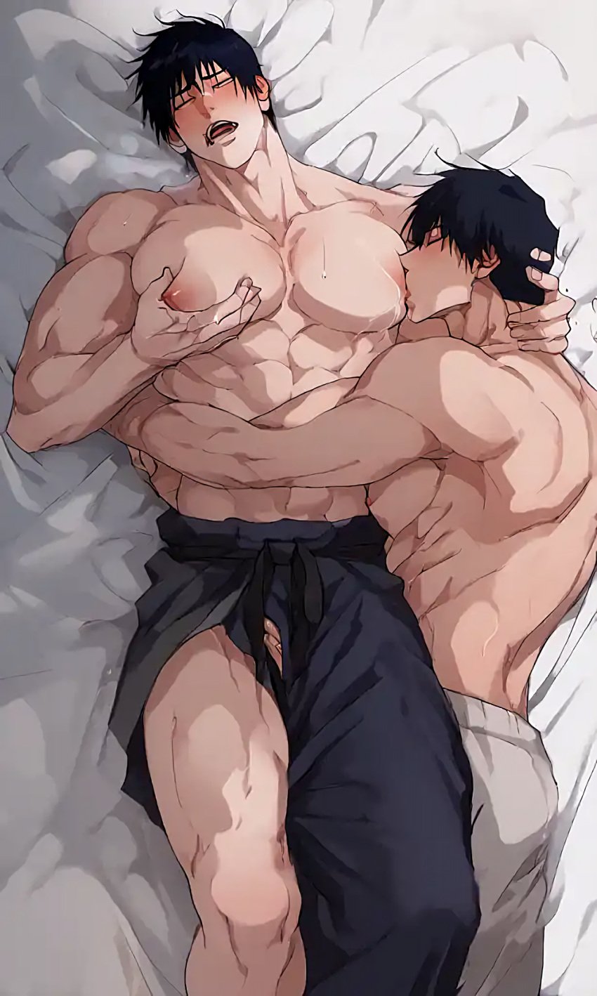 2boy ai_generated anime_character big_breasts black_hair green_eyes jujutsu_kaisen male male_focus male_only sucking_nipples toji_fushiguro