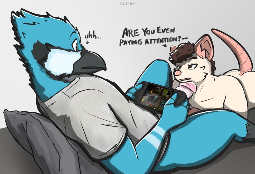 absurd_res annoyed anthro ass avian beak bela_(botter_dork) bird blue_body blue_jay bodily_fluids botter_dork bottomless brown_hair clothed clothing corvid curved_tail dialogue digital_media_(artwork) distracted distracted_gaming distracted_sex dripping duo erection eye_contact feathers fellatio fur gaming genital_fluids genitals grey_beak hair hi_res jay_(bird) kyle_(ccwoah) leaking_precum looking_at_another lounging lying male male/male mammal microsoft minecraft mojang murid murine new_world_jay nude obscured_genitals oral oscine partners passerine penile penis precum precum_drip rat rodent sex simple_background slightly_chubby spread_legs spreading steam_deck tail text topwear valve valve_(company) xbox_game_studios