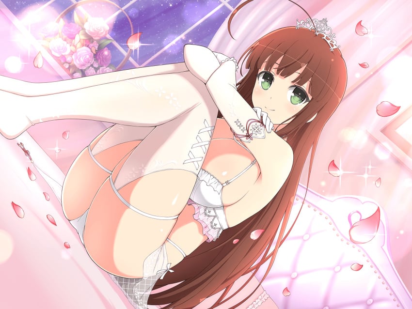 ahoge ass_visible_through_thighs bare_belly bare_shoulders bed bed_sheet big_breasts blush bodystocking bra breasts bride brown_hair cleavage closed_mouth elbow_gloves feet frilled_bra garter_belt garter_straps gloves green_eyes lingerie long_hair marvelous official_art panties petals senran_kagura senran_kagura_new_link shiny_skin sitting smile thighhighs thighs tiara ui_(senran_kagura) underwear wedding_lingerie white_bra white_gloves white_panties white_thighhighs yaegashi_nan