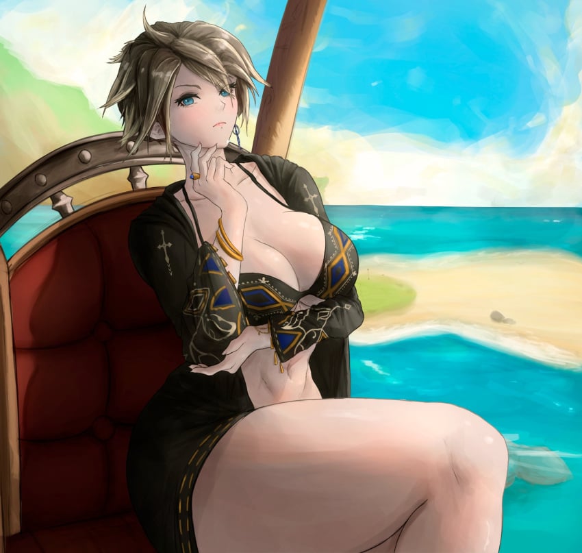 background beach big_breasts big_thighs blonde_hair blue_eye blush braclets breasts brown_hair ear_ring female female_focus female_only femroe final_fantasy final_fantasy_xiv heterochromia jewelry light_blue_eye lipstick lordmagnuss muscles muscular muscular_female oc original_character posing posing_for_picture raegan_reaves ring roegadyn sitting_on_chair swimsuit tall thighs tummy