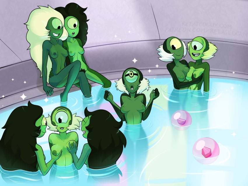 6+girls 8girls big_lips breast_grab breasts cartoon_network centipeetle change_your_mind_(steven_universe) female gem_(species) green_hair green_nipples green_skin lips long_hair multiple_boys multiple_girls nephrite_(steven_universe) open_mouth pubic_hair relatedguy shower showering smile steven_universe unshaved_pussy white_hair yellow_hair yuri