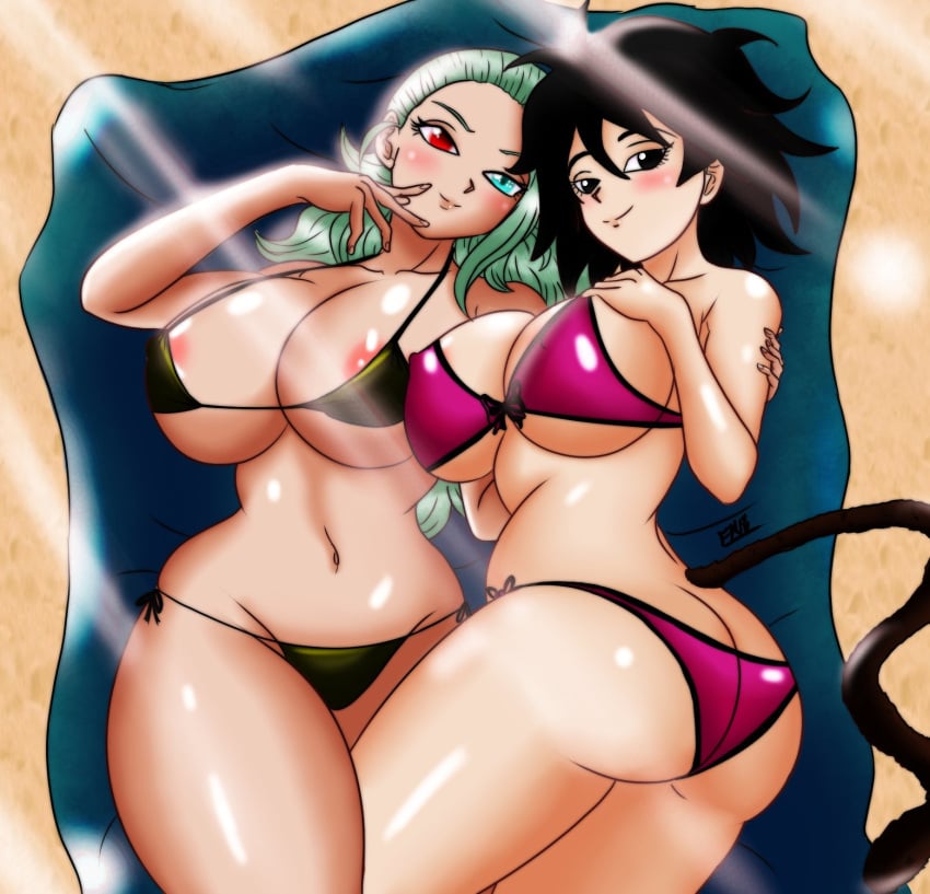 beach_towel big_ass big_breasts bikini bikini_bottom bikini_top cerealian cerealian_girl dragon_ball dragon_ball_super flamemasterz gine muezli pressed_together saiyan saiyan_girl saiyan_tail yuri