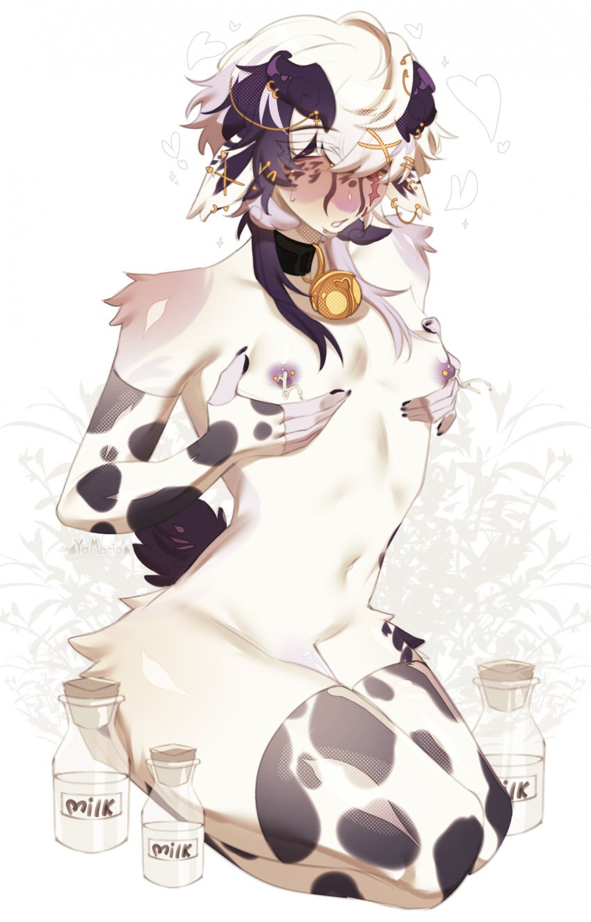 animal_print anthro bell bell_collar blush bodily_fluids bottle breast_milking breasts collar container cow_print cow_print_thigh_highs digital_media_(artwork) ear_piercing femboy fur genitals hair hand_on_breast hi_res jewelry lactating looking_at_viewer male milk milk_bottle milk_container nipple_piercing nipples oatmealkasha penis piercing simple_background small_breasts solo tail white_background white_body