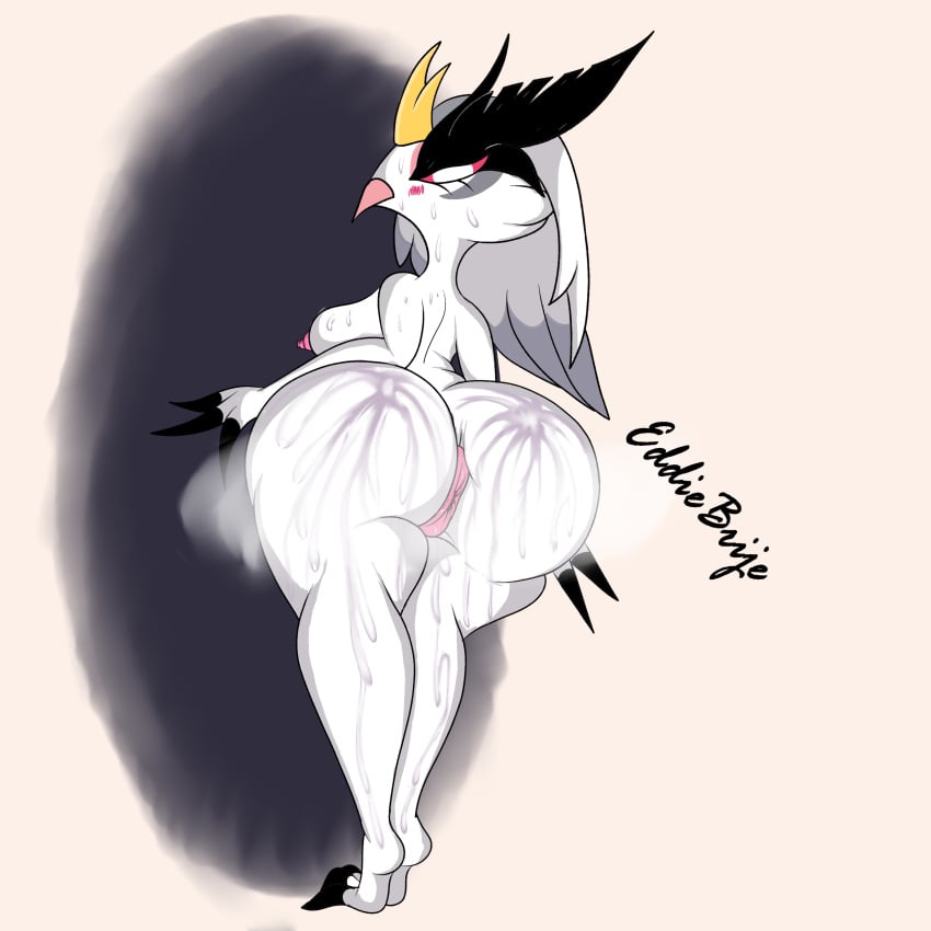 absurd_res anthro ass avian beak big_butt bird bodily_fluids breasts crown eddiebrije feathers female genital_fluids genitals headgear helluva_boss hi_res nipples owl owl_demon simple_background solo stella_(helluva_boss) white_body wide_hips