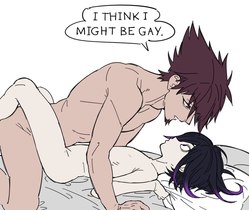 2boys absurdres anal androgynous bed_sheet black_hair commentary completely_nude danganronpa danganronpa_v3 english_commentary english_text facial_hair goatee hair_between_eyes highres lying male_focus male_penetrated miri_(bossu_osu) momota_kaito multiple_boys no_visible_genitalia nude on_back on_bed ouma_kokichi pale_skin pillow pillow_grab profile purple_eyes purple_hair sex short_hair simple_background size_difference skinny speech_bubble spiked_hair white_background wide-eyed yaoi young