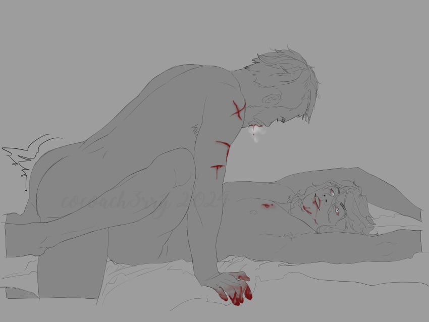 action_lines blood blood_on_hand blood_on_lips breath_fog curly_hair greyscale kinktober male/male open_mouth open_wound penetration scary_eyes scary_face thrusting yaoi