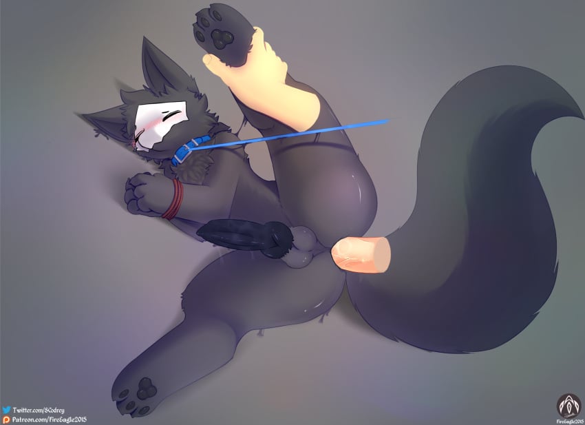 anthro arms_tied balls blush bound changed_(video_game) collar duo genitals hi_res holding_legs_up knot leash legs_up male male/male mask paws penetration penis puro_(changed) senz tail