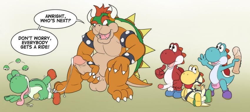 anti_dev ass balls bondage bound bowser claws cum cumshot cyan_yoshi dialogue dildo erection furry furry_only koopa male male_only mario_(series) nintendo no_humans orgasm penis piercing red_yoshi reptile scalie sex_toy shell spikes text tongue tongue_out uncut underwear yaoi yellow_yoshi yoshi