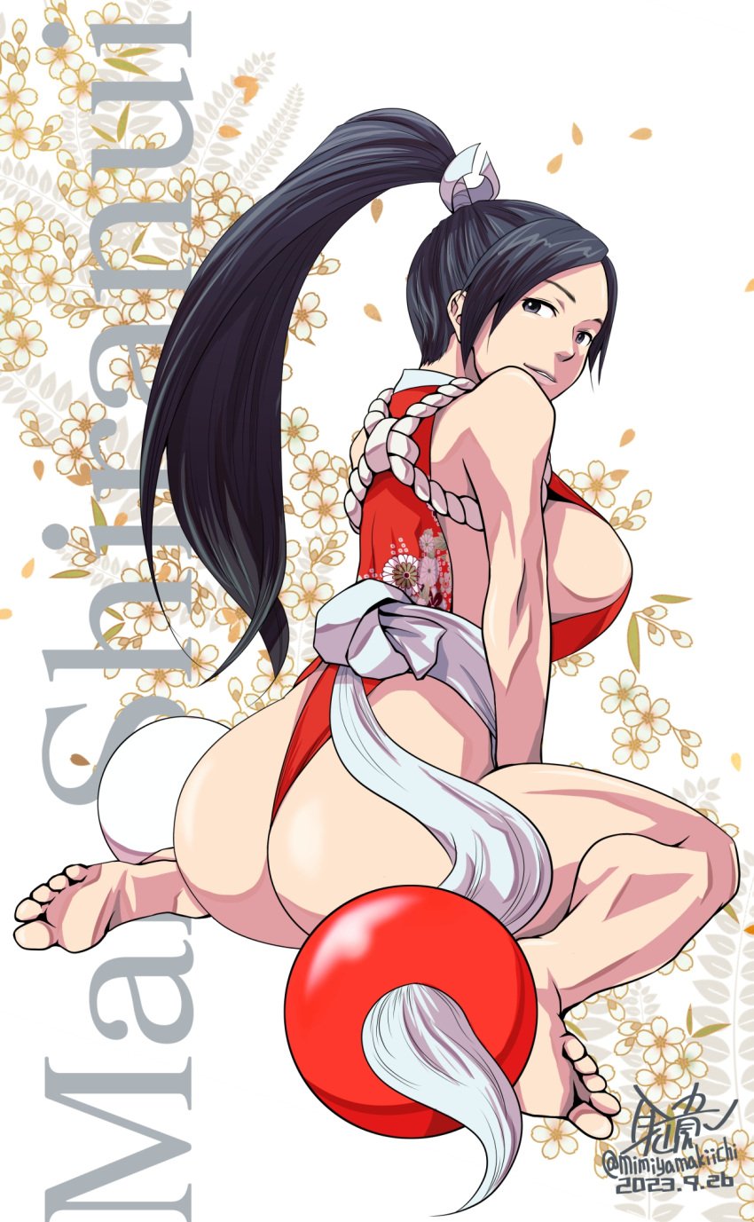 1girls ass barefoot big_breasts breasts bubble_butt busty fatal_fury female female_focus female_only hourglass_figure king_of_fighters kneeling kunoichi long_hair mai_shiranui mimiyama_kiichi ninja sideboob snk solo tagme thong wide_hips