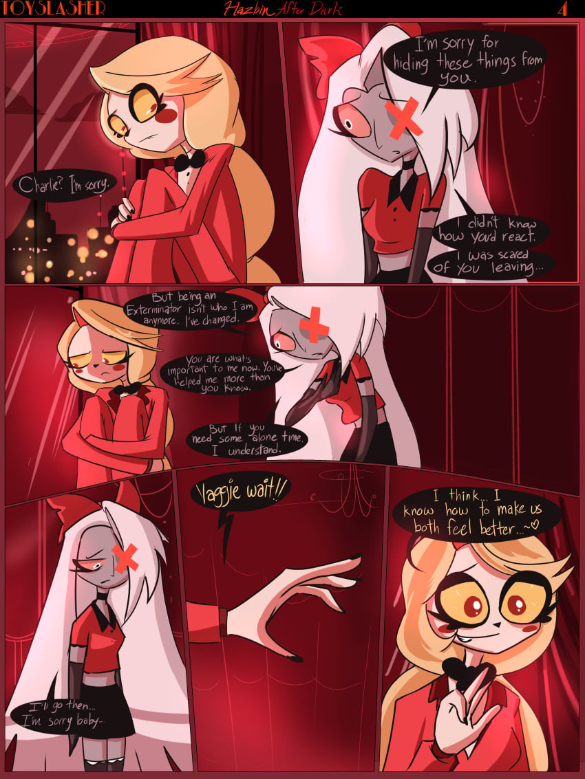 2girls blonde_female blonde_hair canon_couple charlie_morningstar_(hazbin_hotel) clothed_female hazbin_hotel long_hair long_hair_female page_4 page_number talking talking_to_another talking_to_partner toyslasher vaggie_(hazbin_hotel) white_hair white_hair_female yuri