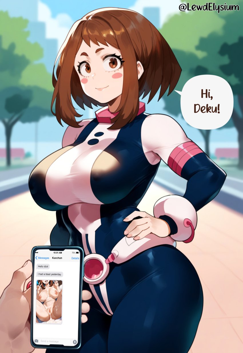 1boy ai_generated bodysuit female holding_phone lewdelysium my_hero_academia pov_hands standing text_bubble text_message uraraka_ochako uraraka_ochako_(hero_outfit)