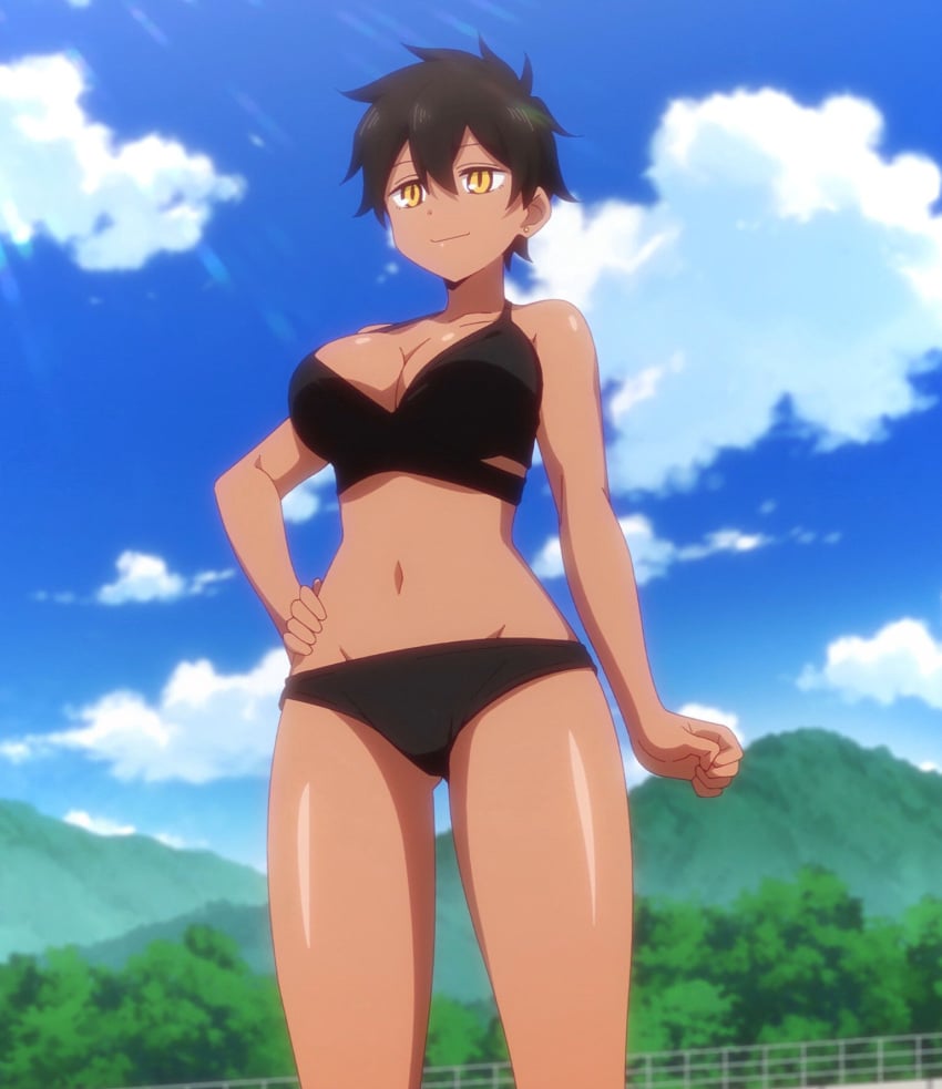 1girls beach big_breasts black_hair dark-skinned_female dark_skin female female_focus female_only highres kurobe_natsumi_(shiromanta) large_breasts my_senpai_is_annoying screencap senpai_ga_uzai_kouhai_no_hanashi short_hair solo_female standing swimsuit tagme tan_skin tomboy very_short_hair yellow_eyes