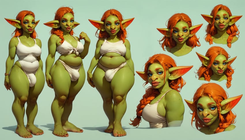 ai_generated barefoot belly blue_eyes braid braided_hair bulge character_sheet chubby freckles futanari goblin goblin_futanari goblinenthusiast green_skin highres pointy_ears red_hair self_upload shortstack thick_lips thick_thighs