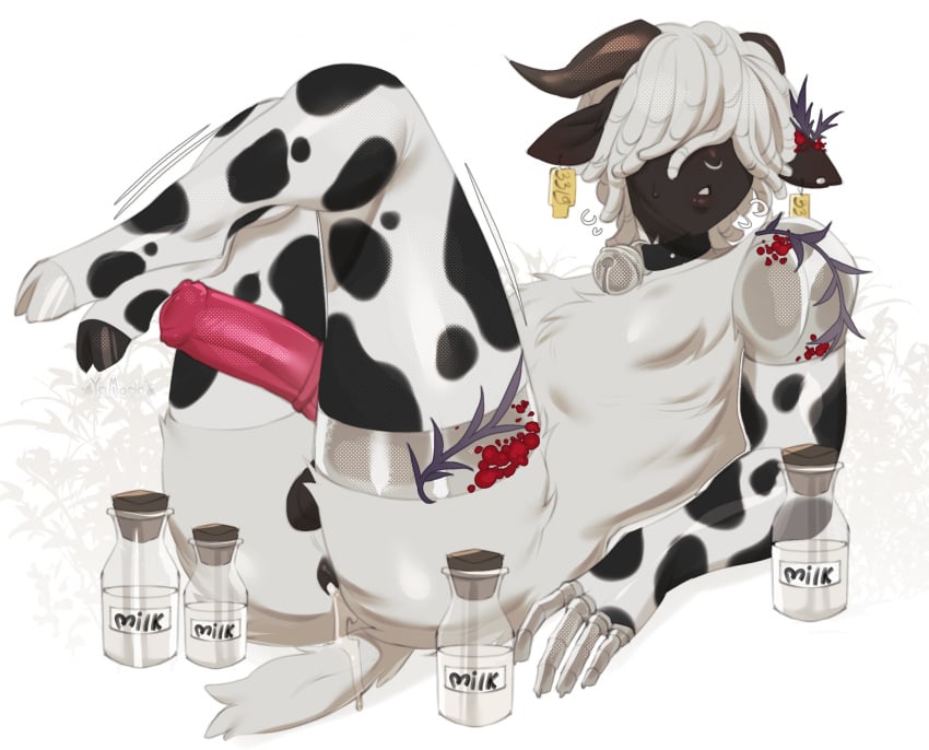 animal_genitalia animal_penis animal_print anthro ass balls bell bell_collar bodily_fluids bovid caprine collar cow_print cow_print_thigh_highs cum cum_drip cum_in_ass cum_inside digital_media_(artwork) dripping ear_piercing ear_tag equine_genitalia equine_penis erection facial_piercing femboy femboy_milk flared_penis fur genital_fluids genitals goat hair hair_over_eyes hi_res horn male mammal mechanical_arm milk_bottles nose_piercing nose_ring number numbered_ear_tag numbered_tag oatmealkasha penis penis_tuck piercing ring_piercing simple_background solo tail text white_body white_fur white_hair