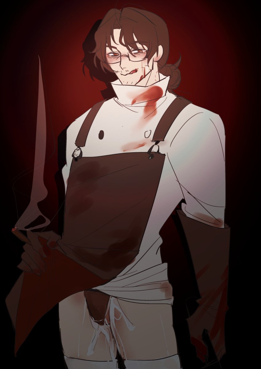 1boy apron blood_on_face blood_on_shirt chef_shirt cigarette cum cum_in_underwear gregor_(limbus_company) lifting_apron limbus_company male male_only project_moon