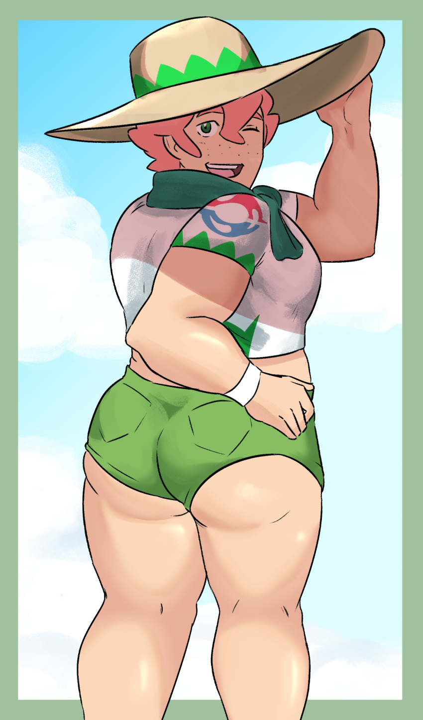 1boy ass ass_focus bara bara_tits big_ass clothed crop_top gay green_eyes looking_back male male_only milo_(pokemon) open_mouth pink_hair plump pokemon pokemon_ss short_shorts shorts solo solo_male