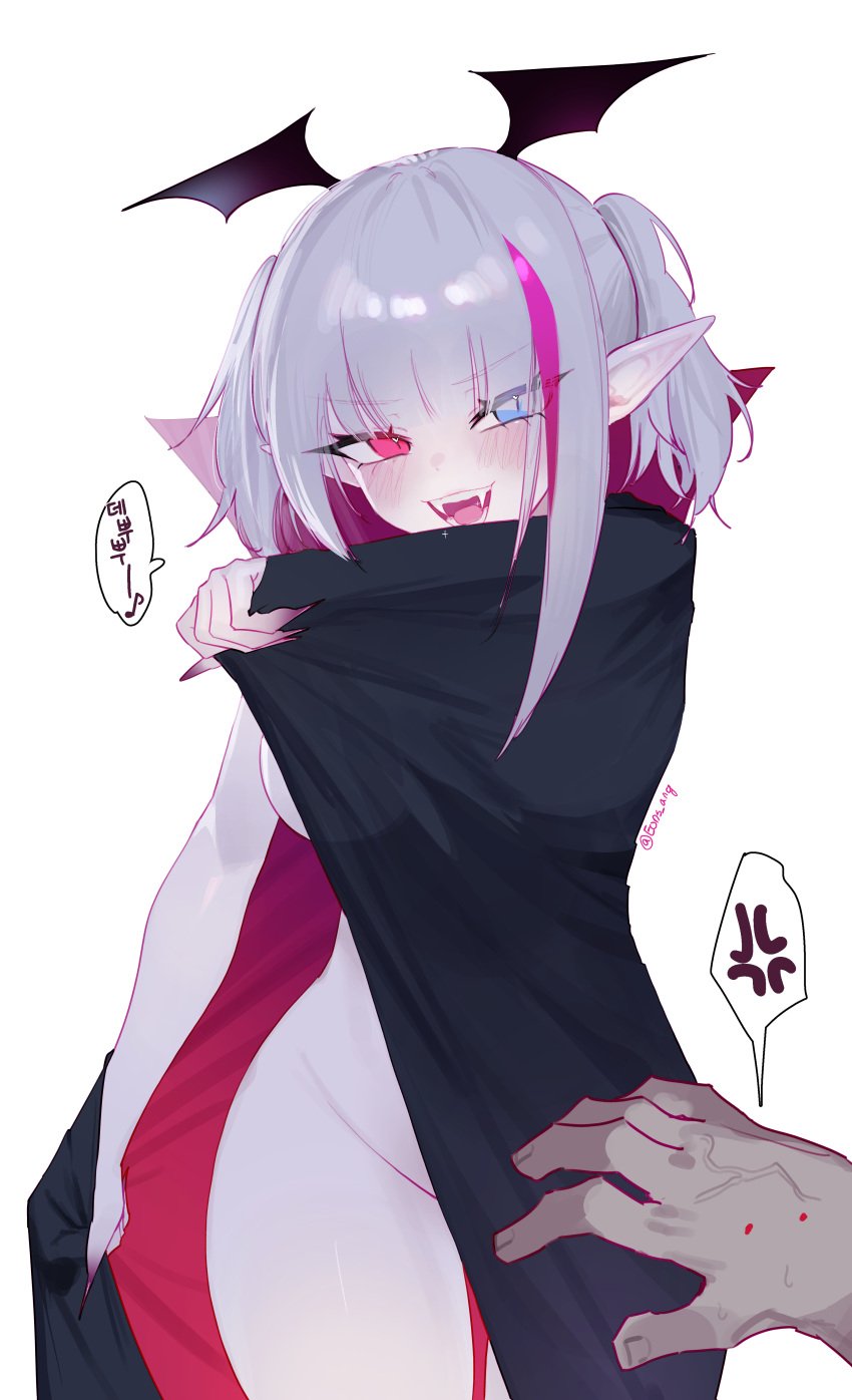 alternate_version_available artist_name bite_mark bitten cloak cloak_only covered_breasts covered_nipples covered_pussy eonsang fangs fingernails girls&#039;_frontline grey_hair heterochromia korean_text long_ears mdr_(girls&#039;_frontline) simple_background tagme two_tone_hair vampire vampire_girl white_background