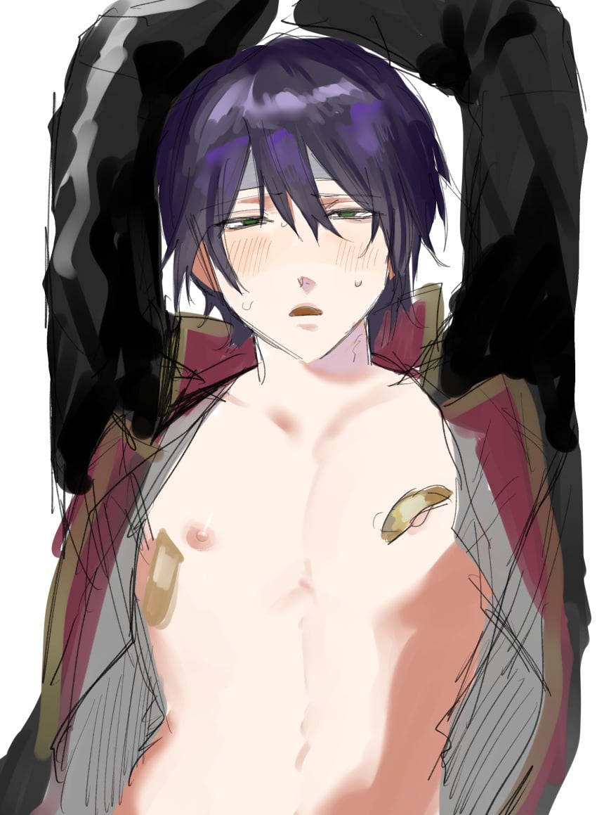 4694tyu_okashi aged_down arms_up bandaids_on_nipples bishonen blush colored_sketch gintama green_eyes half-closed_eyes looking_at_viewer male male_only official_alternate_costume open_mouth open_shirt pale-skinned_male pale_skin shirokuji solo sweat takasugi_shinsuke toned toned_male upper_body