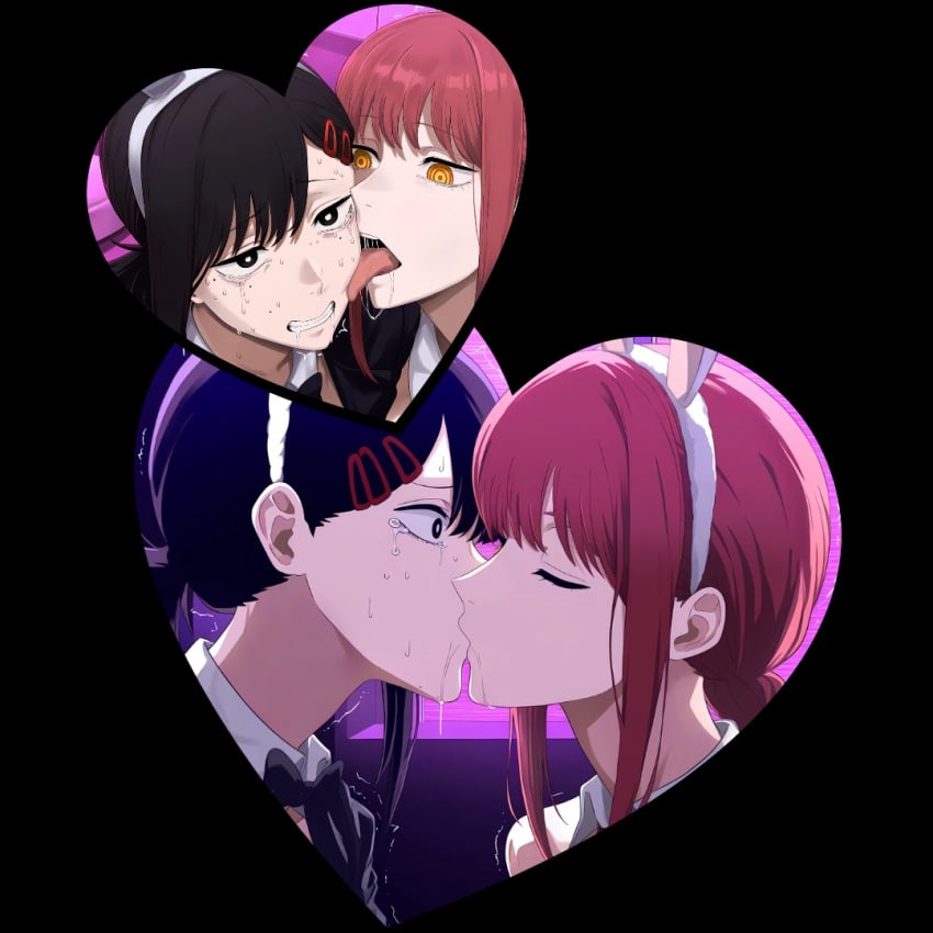 2d 2girls artist_request black_hair boss_and_subordinate bowtie bunny_ears chainsaw_man closed_eyes crying drooling face-to-face forced_kiss forced_kissing heart_border kissing kobeni kobeni_higashiyama licking licking_face makima_(chainsaw_man) motion_lines rape red_hair saliva sexual_harassment sweat tears tongue tongue_out yuri