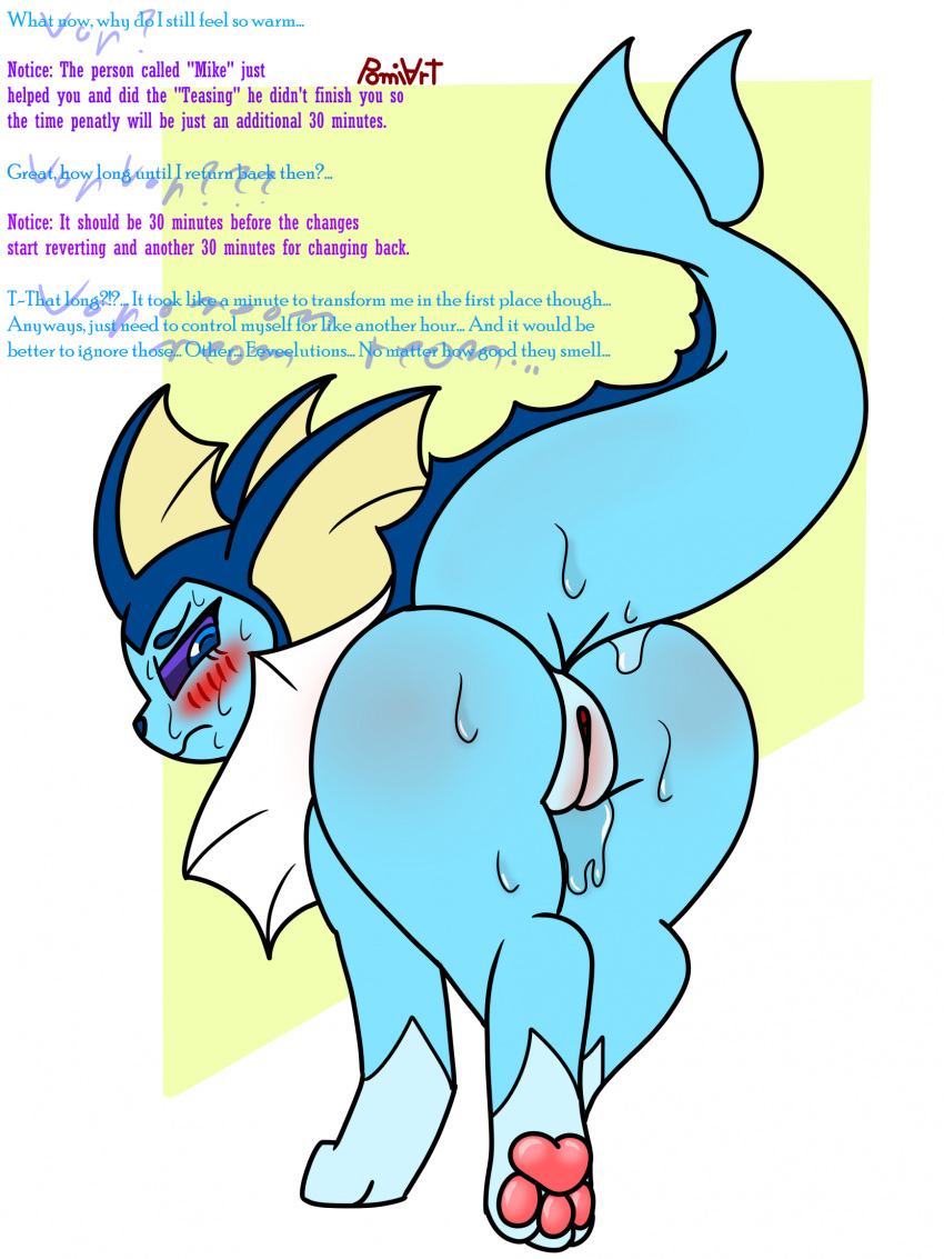 blue_body bodily_fluids eeveelution female feral fin frill_(anatomy) generation_1_pokemon genitals hi_res neck_frill nintendo pokemon pokemon_(species) pomiart purple_eyes pussy simple_background solo sweat tail tail_fin text vaporeon