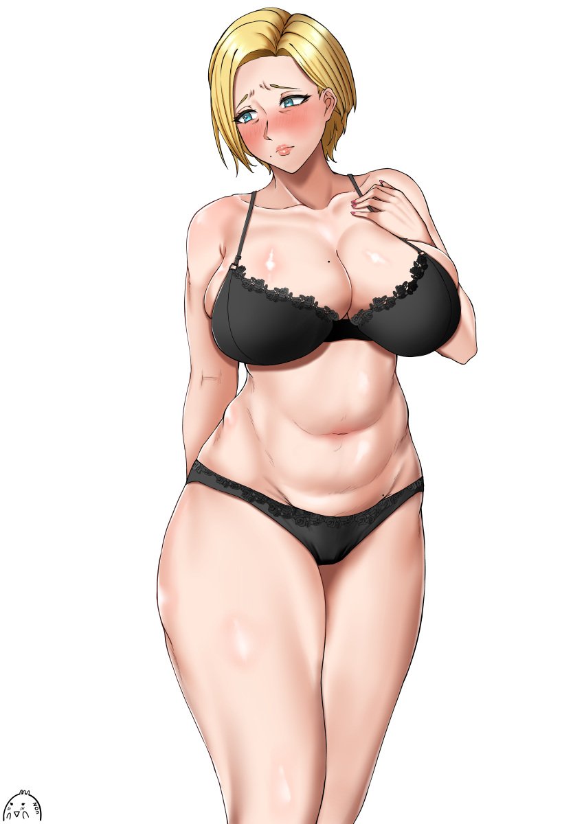 1girls absurd_res aqua_eyes black_bra black_panties blonde_hair blush bra breasts closed_mouth forehead hi_res large_breasts lingerie mature mature_female mature_woman milf n0n_001 original panties short_hair solo underwear underwear_only white_background