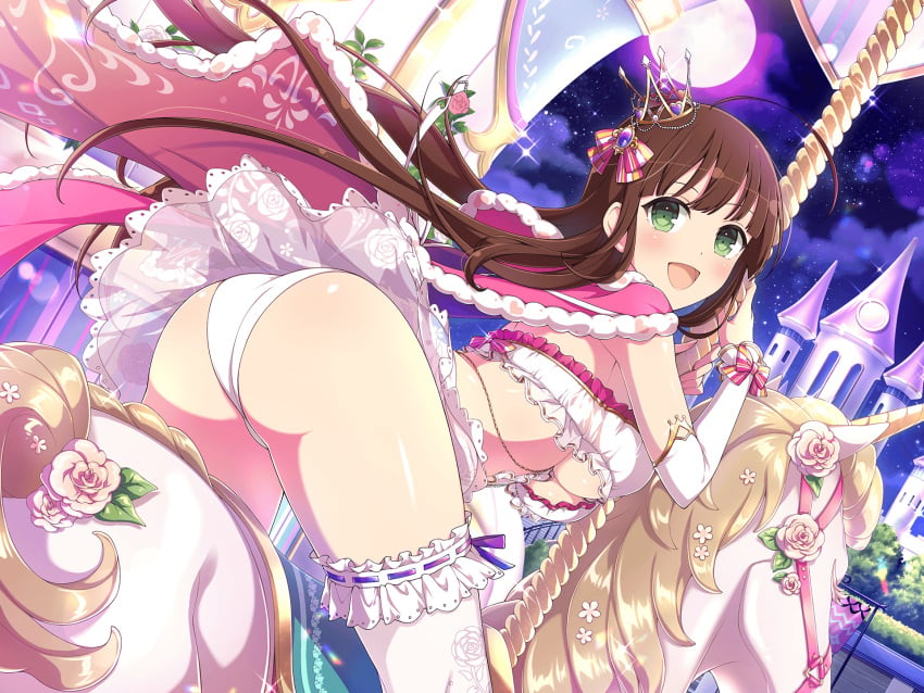 ahoge ass big_breasts blush body_blush bra breasts bride brown_hair cape carousel crown elbow_gloves frilled_bra frilled_sleeves frilled_thighhighs gloves green_eyes hair_ornament lace-trimmed_skirt lingerie long_hair marvelous official_art open_mouth panties senran_kagura senran_kagura_new_link shiny_skin skirt smile thighhighs thighs ui_(senran_kagura) underboob underwear white_bra white_gloves white_panties white_thighhighs yaegashi_nan