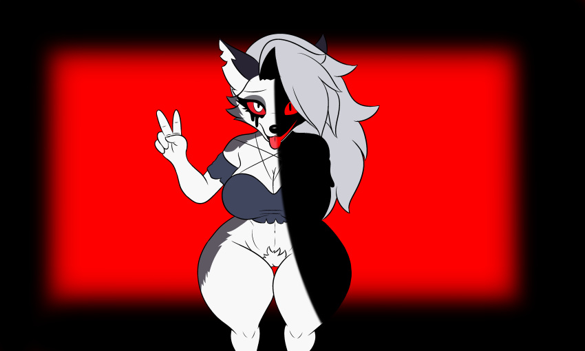 absurd_res anthro bottomless canid canid_demon canine clothed clothing demon female hellhound helluva_boss hi_res loona_(helluva_boss) makeup mammal mythological_canine mythological_creature mythology solo wide_hips xionthedog