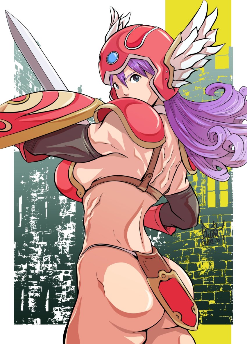 armwear ass athletic athletic_female big_breasts bikini bikini_armor blue_eyes breasts bubble_butt busty dragon_quest dragon_quest_iii elbow_gloves enix female female_focus female_only gloves helmet hourglass_figure loincloth long_hair looking_back mimiyama_kiichi muscle_tone purple_hair shield sideboob skimpy skimpy_armor skimpy_bikini skimpy_clothes skimpy_outfit soldier_(dq3) square_enix sword toned toned_female wide_hips