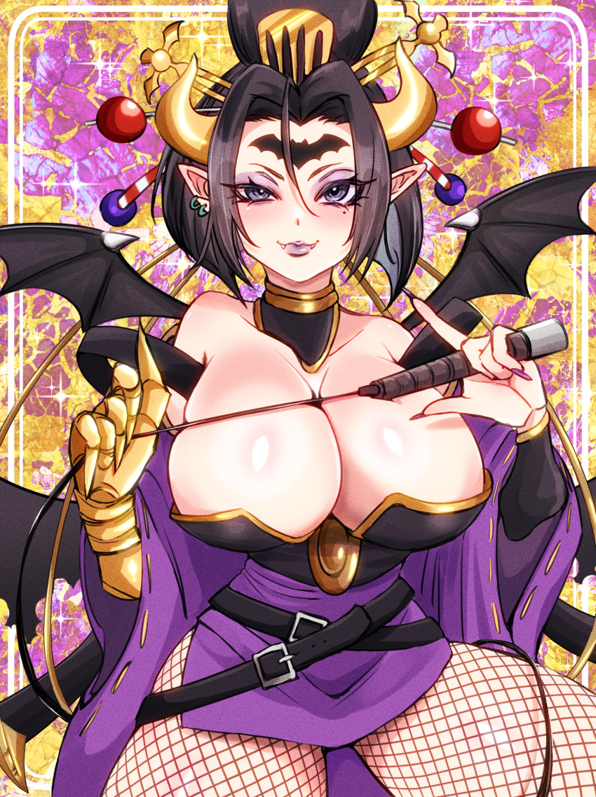 1girls 2023 big_breasts black_hair blue_eyes cleavage demon demon_girl demon_horns demon_wings detailed_background digimon digimon_(species) earrings fangs female female_only fishnet_pantyhose fishnets forehead_mark hair_ornament hi_res horns huyumi77 lilithmon looking_at_viewer mole mole_under_eye pointy_ears purple_eyeshadow seven_great_demon_lords smiling smiling_at_viewer solo thick_thighs tied_hair whip wings