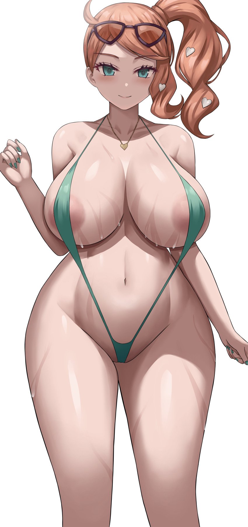 1girls aqua_eyes breasts female game_freak hips huge_breasts jasony light-skinned_female light_skin long_hair nintendo nipples orange_hair pokemon pokemon_ss side_ponytail sling_bikini sonia_(pokemon) thick_thighs thighs wide_hips