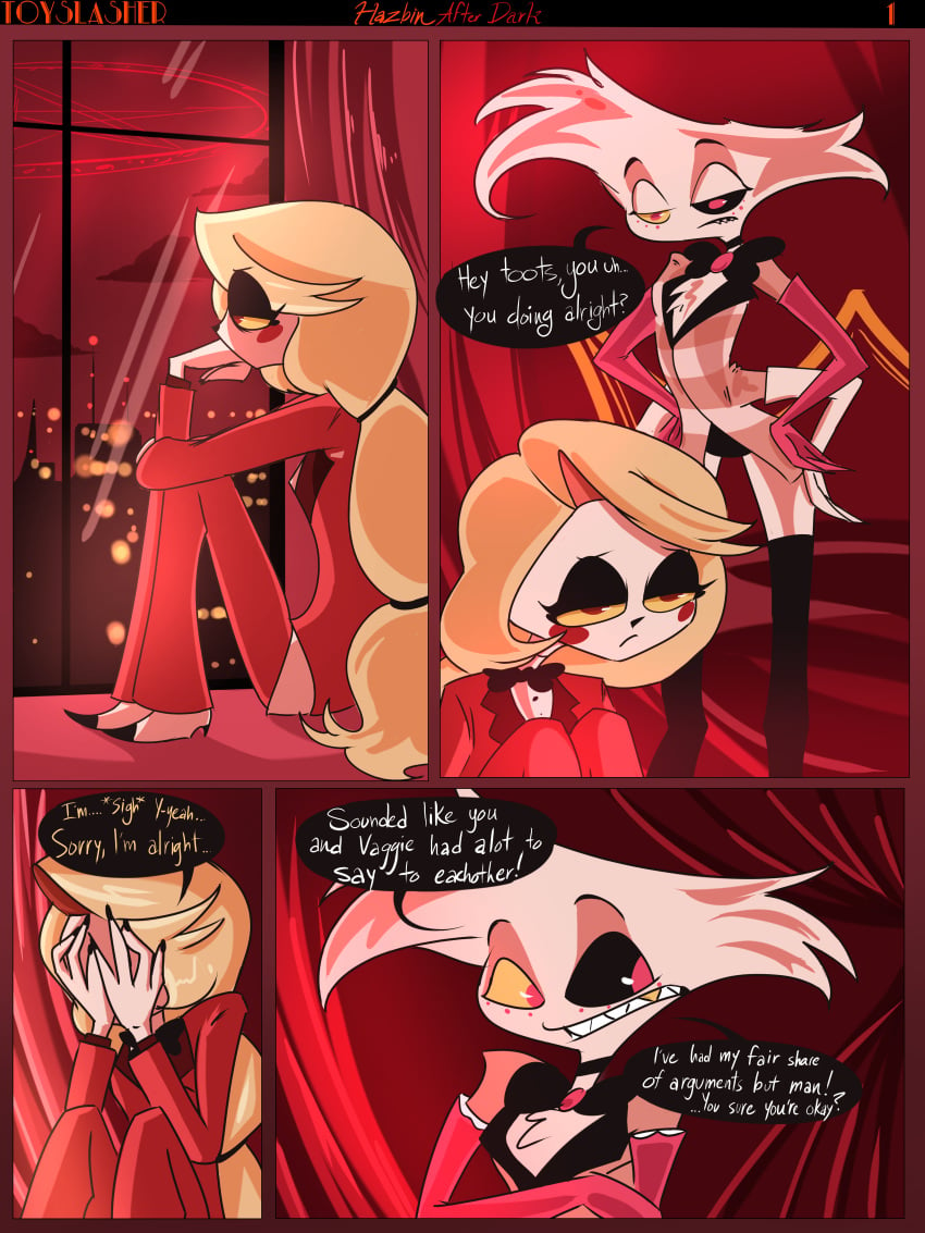 1boy 1girls angel_dust_(hazbin_hotel) blonde_female blonde_hair charlie_morningstar_(hazbin_hotel) clothed_female clothed_male demon demon_boy demon_girl hazbin_hotel page_1 page_number toyslasher window