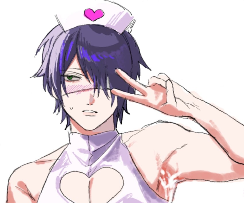 alternate_costume armpit armpit_fetish bishonen blush cleavage cleavage_cutout crossdressing cum cum_in_armpit cum_on_armpit embarrassed gintama hair_over_one_eye looking_away male male_only nurse nurse_cap nurse_uniform pectoral_cleavage purple_hair shirokuji solo sweatdrop takasugi_shinsuke upper_body v