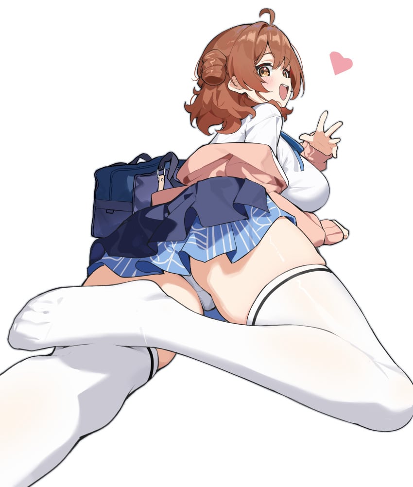 absurdres ahoge ass blue_overskirt blue_ribbon blue_skirt blush breasts brown_eyes brown_hair cardigan female from_behind gakuen_idolmaster hanami_ume hand_up hatsuboshi_gakuen_school_uniform highres idolmaster large_breasts long_sleeves looking_at_viewer looking_back lying neck_ribbon no_shoes on_stomach open_cardigan open_clothes open_mouth panties pleated_skirt ribbon school_uniform shirt short_hair simple_background skirt smile solo tamago_(eva1314056) teeth thick_thighs thighhighs thighs underwear upper_teeth_only white_background white_panties white_shirt white_thighhighs