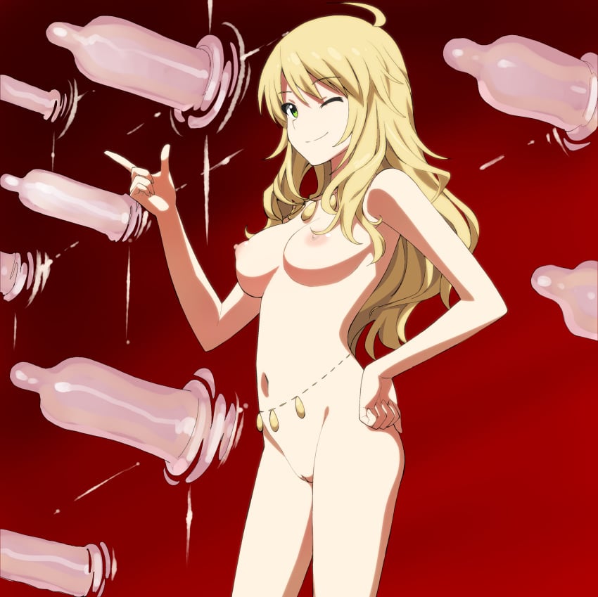 a1 ahoge blonde_hair breasts condom fate/stay_night fate_(series) female gate_of_babylon green_eyes hand_on_hip highres hips hoshii_miki idolmaster long_hair navel nude parody pussy solo standing uncensored wink