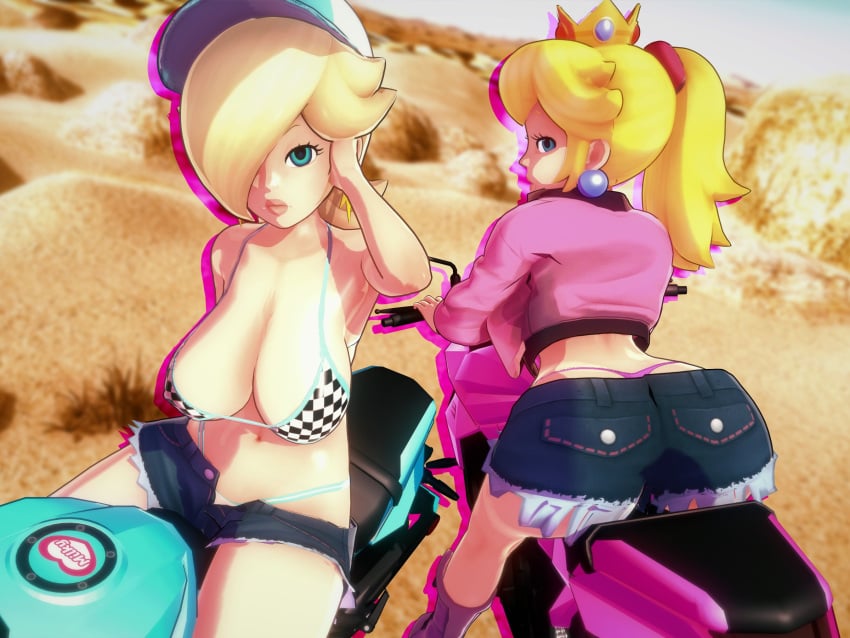 2girls 3d_(artwork) ass ass bike biker_girl blonde_hair breasts dume female female_only koikatsu koikatsu_(medium) light-skinned_female light_skin long_hair mario_kart mario_kart_world nintendo princess princess_peach princess_rosalina super_mario_bros. super_mario_galaxy