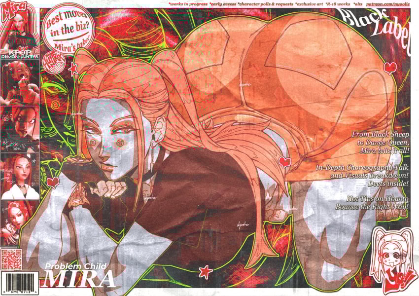 1girls 2025 all_fours alternate_ass_size arched_back arm_support artist_name ass ass_up barefoot big_ass big_breasts breasts busty character_name clothed clothed_female clothing copyright_name curvaceous curvy earrings english_text feet female fingerless_gloves front_view fully_clothed gloves hair half-closed_eyes handwear heart hearts_around_body hi_res huge_ass human kneeling kpop_demon_hunters large_ass large_breasts light-skinned_female light_skin long_hair looking_at_viewer mira_(kpop_demon_hunters) narrowed_eyes nyoolie red_hair red_hair solo star tassel tassel_earrings text thick_thighs thighs toes two_side_up wide_hips