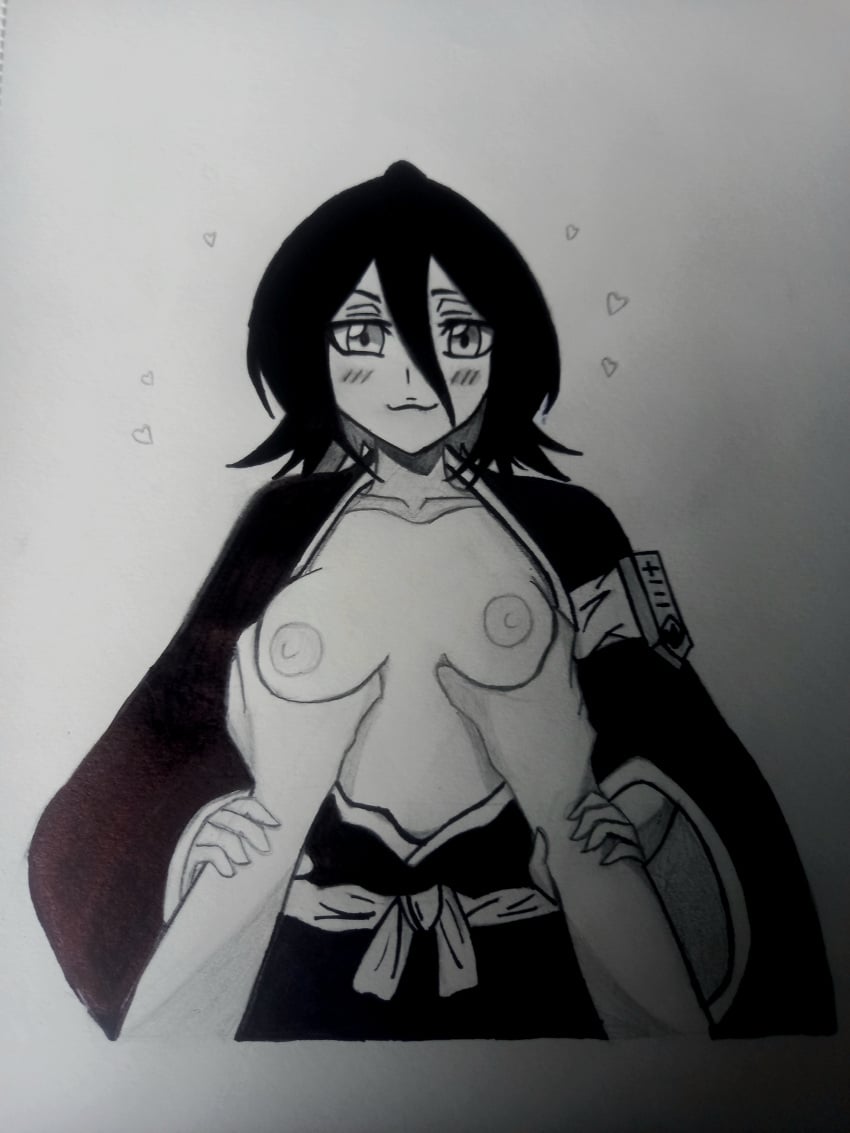black_hair bleach bleach:_the_thousand-year_blood_war blush boobs_out breast_grab breast_squeeze breasts female grabbing_breasts grabbing_hands kuchiki_rukia kuchiki_rukia short_hair smaller_female touching_breast traditional_media traditional_media_(artwork)