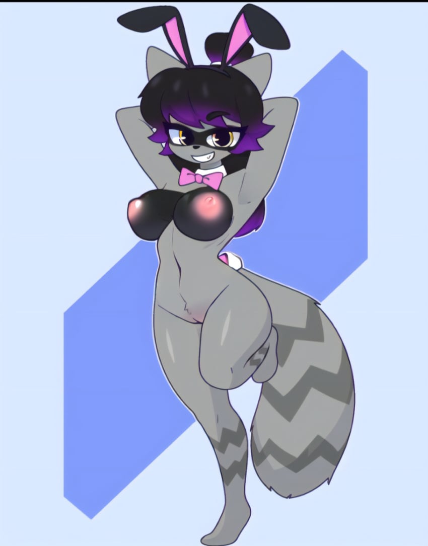 anthro areolae black_hair breasts bunny_ears female furry furry_female golden_eyes leg_up long_tail looking_at_viewer mandoy1o1 nipples original_character pussy raccoon_girl sexy_pose smiling_at_viewer