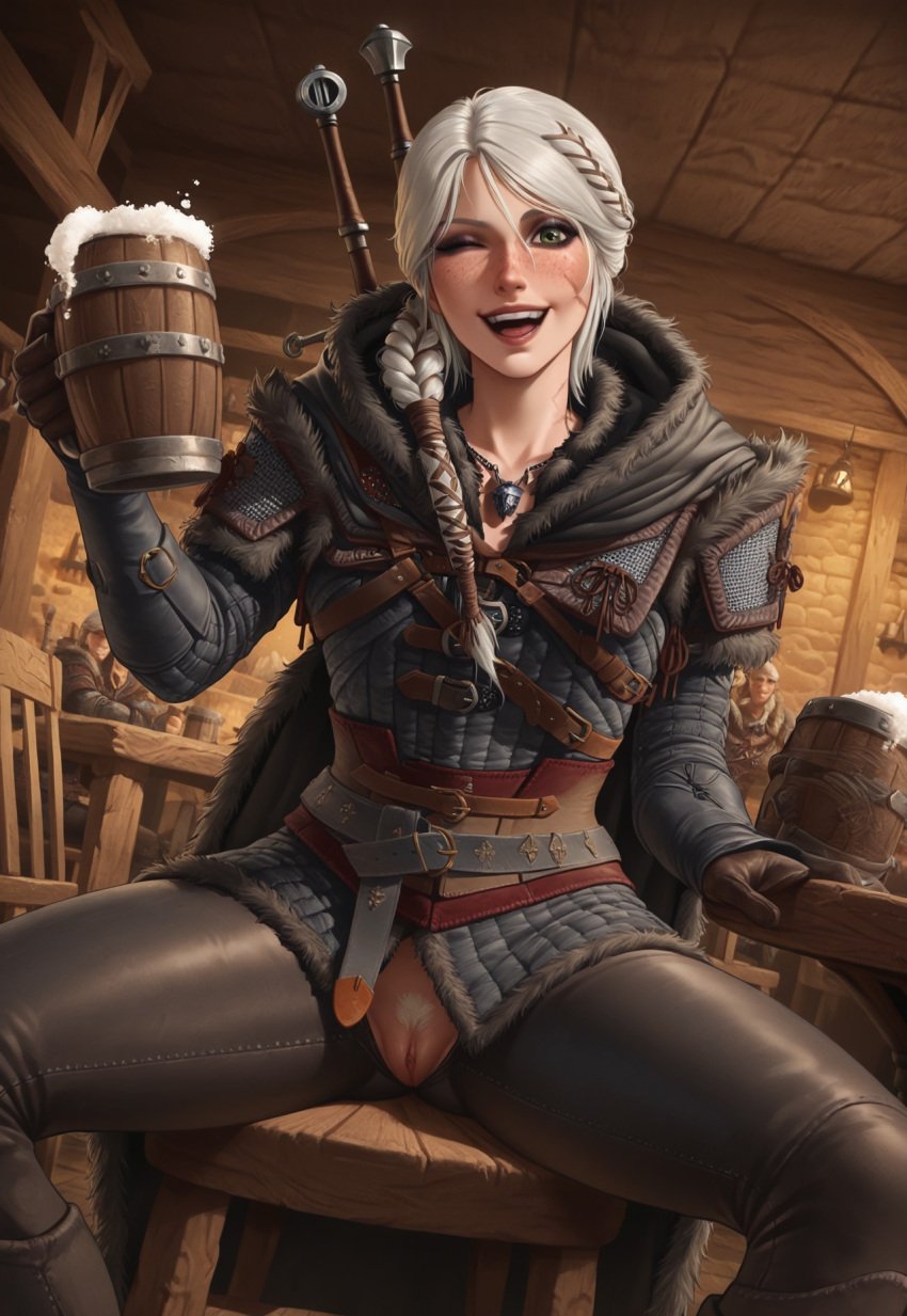ai_generated alcohol beer braid cd_projekt_red ciri clothing drinking_alcohol exposed_pussy female freckles green_eyes inviting_to_sex light-skinned_female looking_at_viewer mascara presenting_pussy provocative pubic_hair public public_nudity pussy scar smiling spread_legs sword tavern the_witcher_(series) the_witcher_4 white_hair wink witcher_medallion