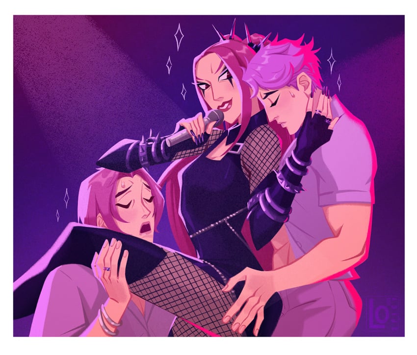 1girls 2boys 2boys1girl abby_(kpop_demon_hunters) clothed elbow_gloves female fishnet_legwear fishnet_sleeves fishnets kpop_demon_hunters lophilia_spicy male mira_(kpop_demon_hunters) mmf_threesome purple_hair romance_(kpop_demon_hunters) twintails