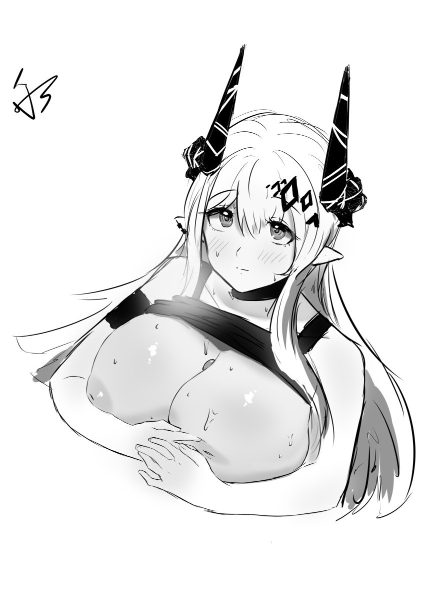 1girls arknights breasts female horns huge_breasts mudrock_(arknights) sketch